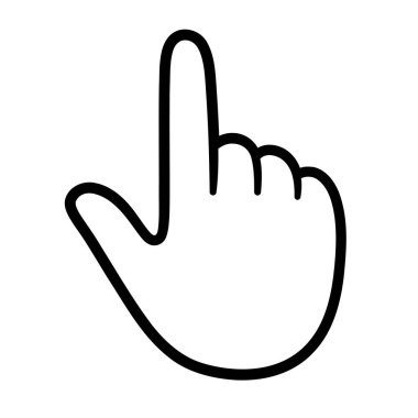 İşaret parmağıyla, çizgi film el çizilmiş imleç simgesi. Basit bir siyah beyaz çizim. İzole vektör illüstrasyonu.