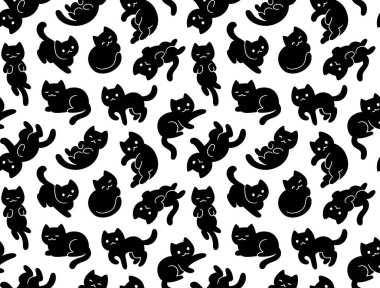 Sevimli çizgi film kara kedisi, pürüzsüz desen. Beyaz arka planda farklı pozlarda el çizimi kedicikler. Tablo vektör illüstrasyonu.