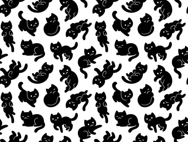 Sevimli çizgi film kara kedisi, pürüzsüz desen. Beyaz arka planda farklı pozlarda el çizimi kedicikler. Tablo vektör illüstrasyonu.