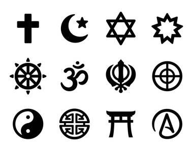 Dini semboller seti. Hıristiyanlık, İslam, Budizm, büyük dünya dinleri ve Ateizm, basit ve cesur işaretler. Vektör resim koleksiyonu.