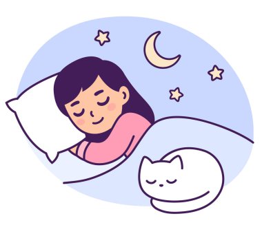 Sevimli çizgi kedi yatakta uyuyan kızla. Küçük çocuk, tatlı rüyalar illüstrasyon vektör.