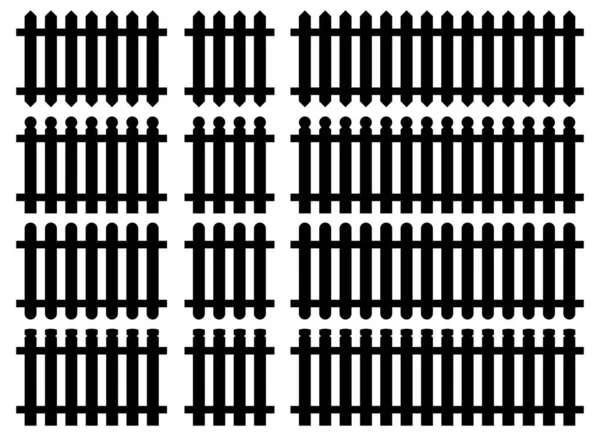 一组平面风格矢量插图的篱笆轮廓 被白色隔离的黑色栅栏 — 图库矢量图片