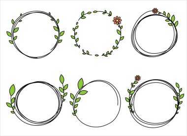 Hand drawn circle frame decoration element with leaves and flowers clip art