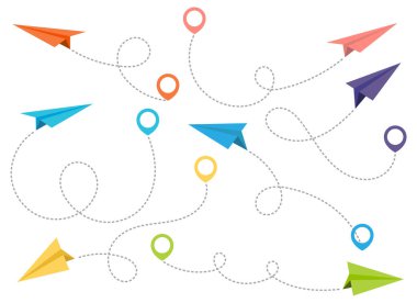 Paper airplane with dotted trace and map pointer pin