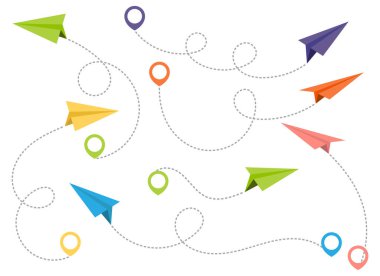 Paper airplane with dotted trace and map pointer pin