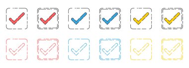 Düz biçim vektör koleksiyonunda onaylanmış onay işareti simgesi