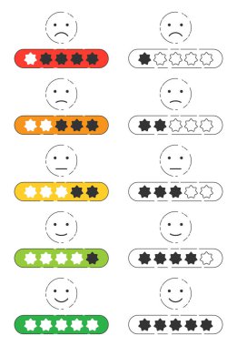 Emoji geri bildirim simgesi, yıldız dereceli. Müşteriler vektör koleksiyonunu gözden geçirir
