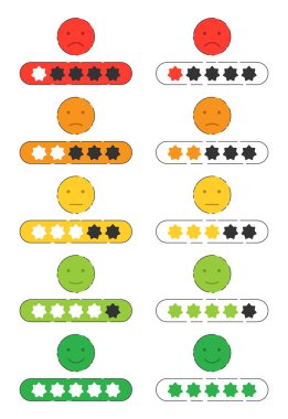 Emoji geri bildirim simgesi, yıldız dereceli. Müşteriler vektör koleksiyonunu gözden geçirir