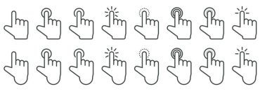 Hand cursor icon in different gestures. Finger mouse cursor. Clicking cursor vector illustration