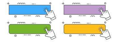 Hand cursor with click here banner vector set. Action button with mouse click