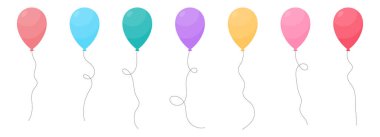 Set of colored party balloons tied with strings. Vector illustration in cartoon style