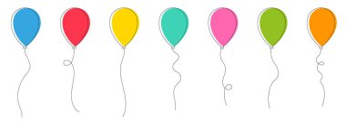 Set of colored party balloons tied with strings. Vector illustration in cartoon style