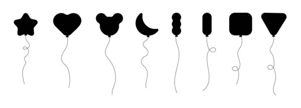 Set Black Silhouette Party Balloons Tied Strings Vector Illustration Cartoon — Stock Vector