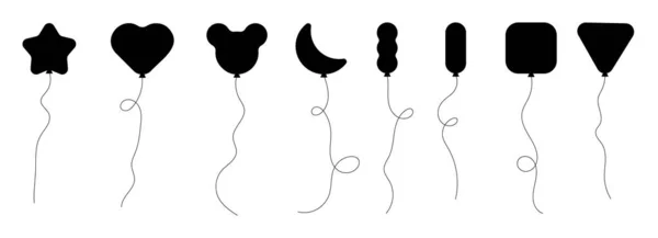 Set Black Silhouette Party Balloons Tied Strings Vector Illustration Cartoon — Stock Vector