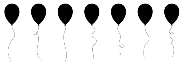 Set Black Silhouette Party Balloons Tied Strings Vector Illustration Cartoon — Stockvector