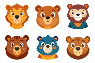 Çizgi film karakteri Bear Head çizim stili, düz tasarım basit şekiller, beyaz arka planda izole edilmiş.