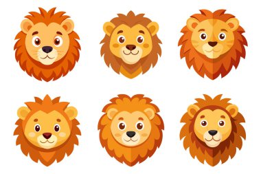 Çizgi film Lion Head 'in çocuk çizim tarzı, düz tasarım basit şekiller, beyaz arka planda izole edilmiş.