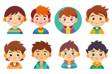 Sevimli çocuk avatar vektörü seti. Renkli kullanıcı resmi simgeleri. Düz tasarım çizgi film çizimi beyaza izole edildi