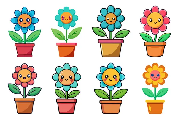 stock vector Cartoon flower in pot in kids drawing style, flat design simple shapes, isolated on white background