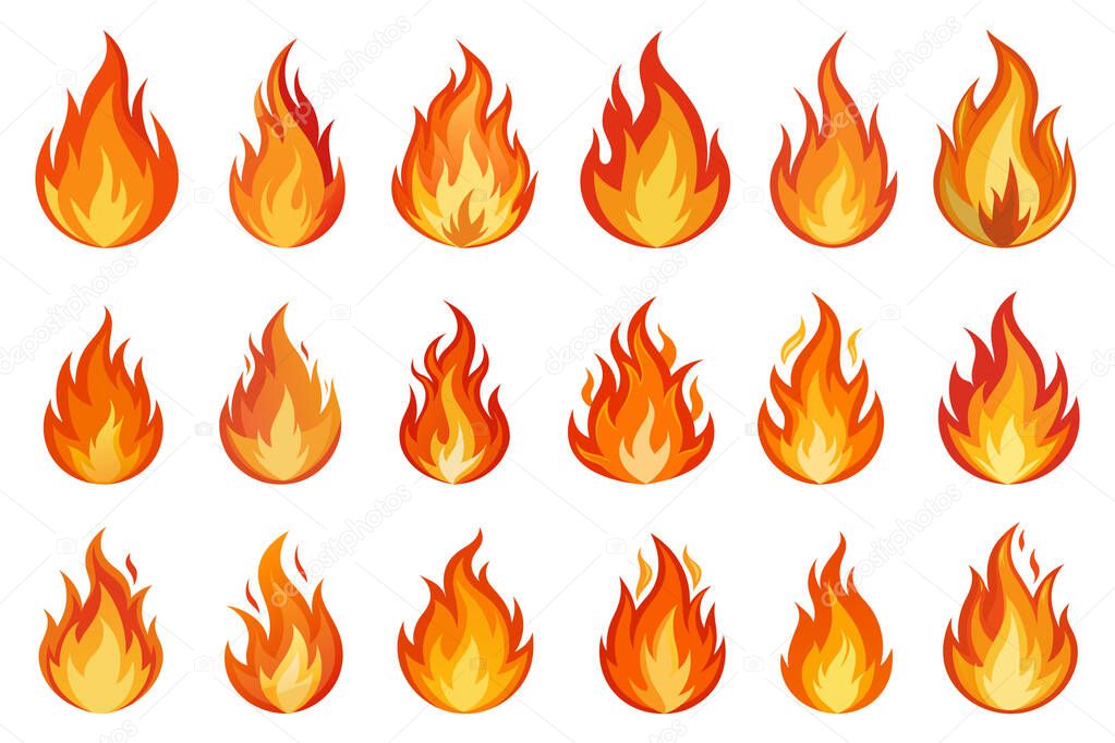 Fire flame vector set isolated on white background