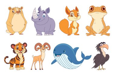 Bir kuokka, gergedan, sincap, kurbağa, kaplan, koç, balina ve akbaba kuşundan oluşan karikatür hayvanları çeşitli bir vahşi yaşam koleksiyonu oluştururlar. Vektör illüstrasyonu.