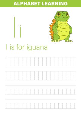 Bir karikatür iguanası ve I harfi izleme pratiği içeren eğitici materyal. Alfabe öğrenmeye eğlenceli bir yaklaşım, genç öğrencileri eğlenceli çizimlerle bağlamak için tasarlanmış..