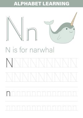 N. harfinin yanında gülümseyen bir deniz gergedanının yer aldığı açık yürekli bir eğitim çalışma tablosu. Alfabe öncesi öğrenim için uygun bir örnek..