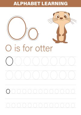 Bir öğrenme kaynağı, büyük ve küçük sürümler için izleme alıştırmaları ile 'O' harfini gösterir. Bir karikatür su samuru çizimi mektubu eğlenceli ve tanınabilir bir hayvanla ilişkilendiriyor..