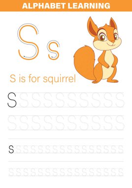 Bu eğitici çalışma kâğıdı çocukların 'S' harfiyle alfabeyi öğrenmelerine yardımcı oluyor, şirin bir sincap sergiliyor. Mektup biçimlendirme ve el yazısı becerileri için izleme egzersizleri içerir.