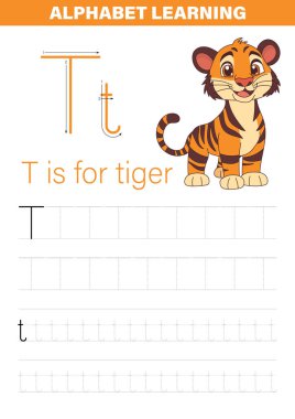 Çocuklara alfabeyi öğretmek için tasarlanmış eğitim çalışma tablosu. Dost canlısı bir karikatür kaplanı ve büyük ve küçük harflerle 