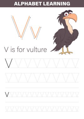 Alfabeyi öğrenen çocuklar için bir çalışma tablosu V harfine odaklanır. İzleme egzersizleri ve bir akbaba karikatürü içerir. Öğrenme sürecini canlandırıcı ve eğlenceli kılar..