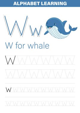 Bir öğrenme aktivitesi, W harfini öğreten oyuncu bir çizgi film balinasını gösterir. Çizgiler çocuklara yazmayı öğrenirken rehberlik eder. İllüstrasyon alfabeyi öğrenmeyi eğlenceli kılıyor..
