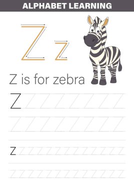 Görüntü, küçük çocuklara Z harfini zebra çizimi ile yazmayı öğretmek için tasarlanmış bir çalışma kağıdını gösteriyor. Çalışma tablosunda mektubun izini sürmek için kılavuz ilkeler yer alıyor.
