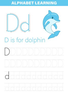 Çocuklar için hazırlanmış bir çalışma kağıdında, büyük ve küçük harfli 'D' harfinin yanında bir karikatür yunusu görülüyor. Çocuklar 'D' harfini yazma alıştırması yapmak için kesik çizgiler boyunca takip edebilirler..