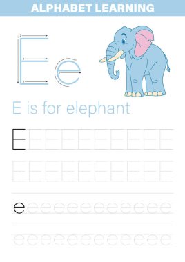 Bir öğrenme çalışma kağıdında 'E' harfi bir fille tanıtılır, ve büyük ve küçük harfler için takip alıştırmaları yapılır. Alfabe çalışmasında çocukları görsel olarak yönlendiriyor..