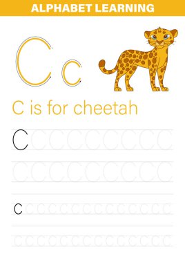 'C' harfi ile alfabe öğrenme çalışma tablosu alfabeyi öğrenen ve yazma becerilerini geliştiren çocuklar için görsel yardım sunan bir çita illüstrasyonunun yanında belirgin bir şekilde gösterilir..