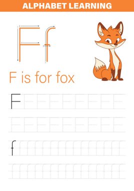 Renkli bir alfabe öğrenme sayfası, büyük ve küçük harflerle 'F' harfinin nasıl çizileceğini gösterir, bir tilki resmiyle eşleştirilir, çocukların erken eğitimine yardımcı olmayı amaçlar..