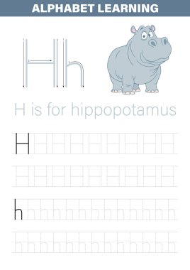 'H' harfinin nasıl yazılacağını öğretmek için tasarlanmış bir alfabe öğrenme kaynağı. Görüntü, adım adım bir rehber, pratik çizgileri ve 'H' su aygırının sembolü olan bir çizgi film hipopotam içerir..