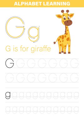 Çocuklar için G harfi uygulaması içeren eğitici illüstrasyon. Büyük harf ve küçük harf izleme alıştırmalarını, alfabe tanımayı öğretmeyi amaçlayan bir çizgi film zürafasının yanında içerir..