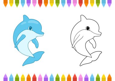 Kaprisli bir sahne, renkli resimli bir yunusun ve onun siyah ve beyaz ana hatlı versiyonunun yan yana bir karşılaştırmasını sunar. Yaratıcı renkleri, boyama sınırının üstünde ve altında boya kalemi olan bir renge davet eder..