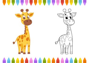Çizgi film zürafasını gösteren bölünmüş bir görüntü. Sol tarafta zürafa renkli görünüyor. Sağ tarafta siyah-beyaz bir taslak gibi aynı zürafa var. Renklendirme faaliyetleri için ideal..