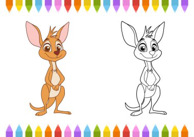 Beyaz arka planda siyah ve beyaz çizgili sanat eserlerinin yanında renkli renkli renkli çizimlerle çevrelenmiş bir kangurunun tam karesi. Kanguru gülümsüyor..