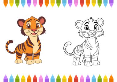 Çizgi filmlerde renkli ve canlı bir versiyonu olan şirin bir kaplan yavrusunu ve boyama için bir çizgi-sanat versiyonunu gösteriyorlar. Beyaz arka planda, üstü ve altı renkli kalemlerle dolu..
