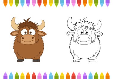 Bir Tibet öküzünün karikatür çizimi siyah beyaz versiyonunun yanında duruyor. Tibet öküzünün açık kahverengi boynuzları ve kürkü var ve gülümsüyor. Resmin üst ve alt kısımlarını renkli boya kalemleri çerçeveler.