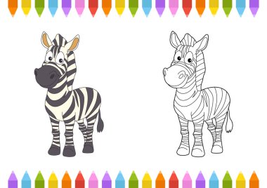 Lezzetli bir illüstrasyonda ayakta duran bir karikatür zebra sergileniyor. Bir zebra renkli, diğeri ise bir çizgi çizimi, renkli aktiviteleri davet ediyor. Resim yukarıdaki ve aşağıdaki boya kalemleri tarafından çerçevelenmiştir..