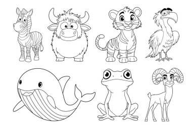 Bir zebra, yak, kaplan, kartal, balina, kurbağa ve koç olmak üzere çeşitli karikatür hayvan hatlarının çizimi. Hepsi çeşitli vahşi yaşamı göstermek için sergileniyor..