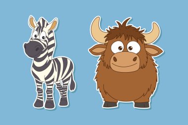 Bu resimde bir karikatür zebra ve öküz var. Zebra siyah ve beyaz çizgilerle betimlenir. Tibet öküzü kahverengi ve tüylüdür, büyük boynuzları vardır. İllüstrasyon mavi arkaplana göre ayarlandı.