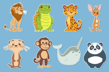 Bir karikatür hayvan çıkartması koleksiyonu. Başrolde aslan, dikenli kertenkele, çita, kanguru, su samuru, maymun, deniz gergedanı ve panda bulunur. Açık mavi bir arka plana sahipler, sevimli ve neşeli..