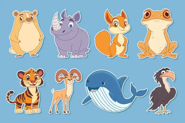 İçinde hamster, gergedan, sincap, kurbağa, kaplan, koç, balina ve akbaba gibi çeşitli hayvan gruplarının bulunduğu renkli çizgi film görüntüleri. Hayvanlar açık mavi bir arkaplanda..