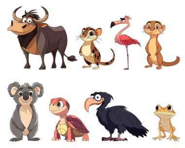 Beyaz arka planda çizgi film hayvanlarından oluşan hoş bir topluluk sergileniyor. Bu grupta bir bufalo, genet, flamingo, su samuru, koala, kaplumbağa, kuş ve kurbağa bulunur..